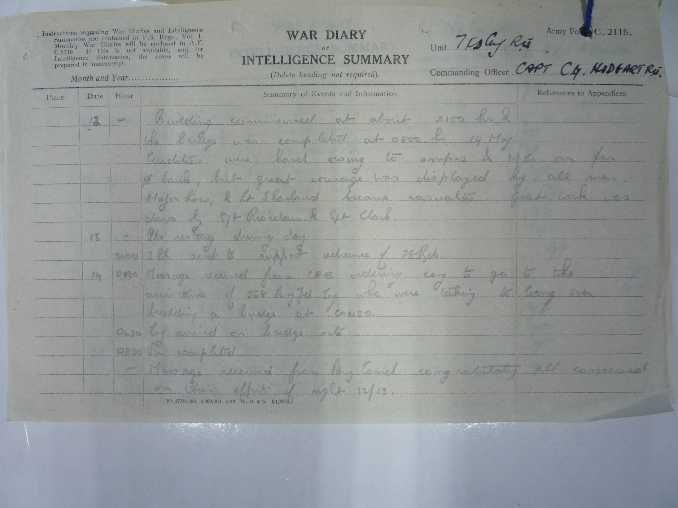 7 Coy War Diary part page 12 -14 May 1944